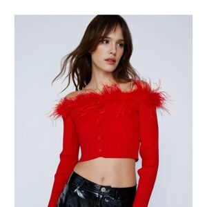 🦄Nasty Gal Red Feathered Off-Shoulder Sweater